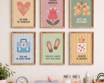 School Nurse Posters Set of 6, Printable Nurse Office Decor, Retro Healthy Habits Wellness Wall Art, Digital Download N27