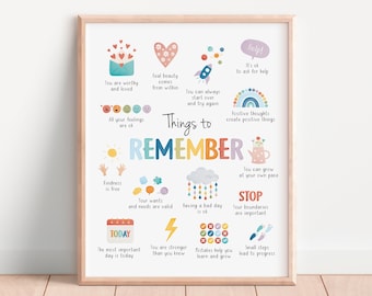 Things to Remember, Therapy Office Decor, Positive Affirmations, Anxiety Relief, Calming Corner, School Psychology, CBT, Digital Download