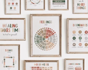 Therapy Office Wall Art Set of 10, Feelings Wheel Print, Grounding Technique, Boundaries Poster, Neutral Wall Decor, Digital Download, N15