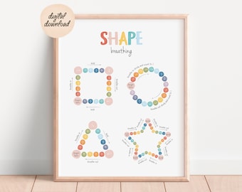 Puede incluir: Póster imprimible con el título "SHAPE breathing". El póster muestra cuatro formas diferentes: un cuadrado, un círculo, un triángulo y una estrella. Cada forma tiene una serie de puntos de colores que representan las respiraciones de entrada y salida. El póster es una herramienta para enseñar ejercicios de respiración.