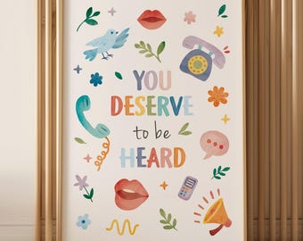 Speech Therapy Poster, Rainbow Wall Art for SLPs, Therapy Office Decor, Communication Print, You deserve To Be Heard, Digital Download