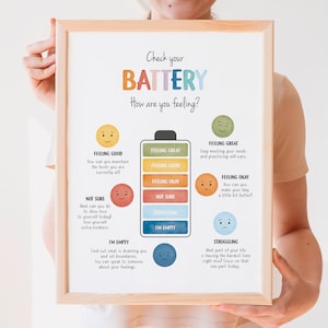 Decoración de consultorio terapéutico: Impresión para revisar la batería, escala de sentimientos, regulación emocional, salud mental (descarga digital)