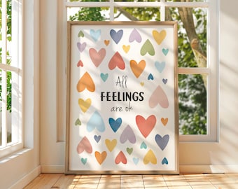 All Feelings Are Ok Poster, Feelings Chart, Mental Health, School Counselor, Therapy Office Decor,  Classroom Decor, CBT, Digital Download