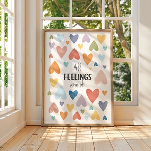 All Feelings Are Ok Poster, Feelings Chart, Mental Health, School Counselor, Therapy Office Decor,  Classroom Decor, CBT, Digital Download