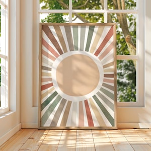 Pôster Boho Sun, decoração de sala de jogos, impressões em aquarela de berçário, arte de parede de berçário, arte de parede de sol, decoração de quarto de meninas, download digital