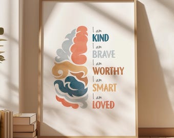 Esthetische dagelijkse affirmaties print, neutrale therapie kantoorinrichting, poster boho klaslokaal, schoolpsycholoog, CGT, digitale download