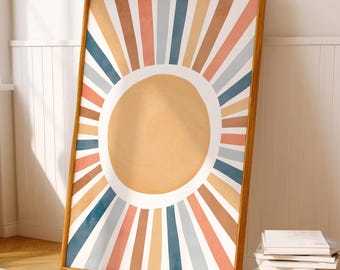 Sun Playroom Poster, Boho Watercolor Nursery Sun Print, Boho Sun Wall Art, Girls Room Decor, Playroom Decor, Boho Sun Art, Digital Download