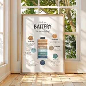 Check Your Battery Feelings Poster, Emotional Regulation Chart for Kids, Mental Health Art, Calm Down Corner Printable, Digital Download image 8