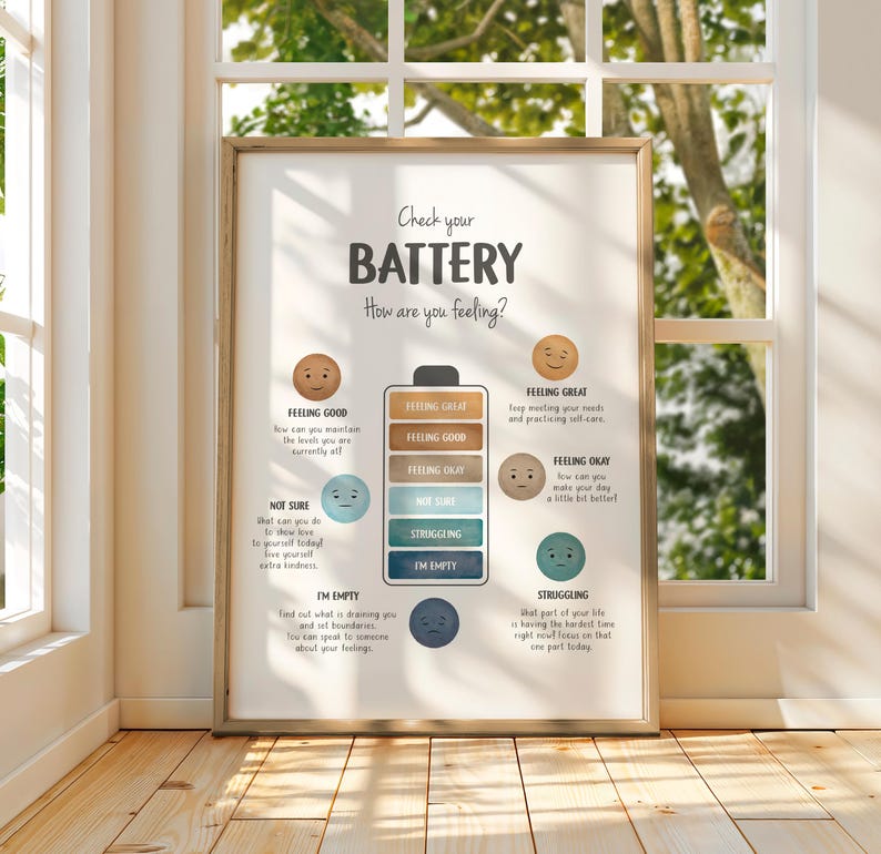 Check Your Battery Feelings Poster, Emotional Regulation Chart for Kids, Mental Health Art, Calm Down Corner Printable, Digital Download image 8