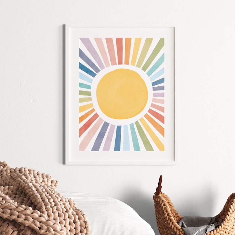 Sun Playroom Poster, Watercolor Nursery Sun Print, Rainbow Sun Wall Art, Girls Room Decor, Sun Playroom Decor
