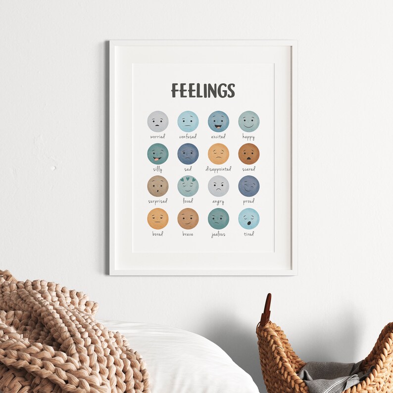 May include: A printable chart with the word "FEELINGS" at the top.  The chart features 16 different facial expressions with corresponding words describing emotions, such as "worried", "confused", "excited", "happy", "silly", "sad", "disappointed", "scared", "surprised", "loved", "angry", "proud", "bored", "brave", "jealous", and "tired".