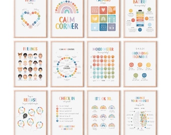 12 kalmerende hoekposters, schoolbegeleiding, adviseur kantoorinrichting, geestelijke gezondheid, kalmte hoek, gevoelensgrafiek, digitale download, N02