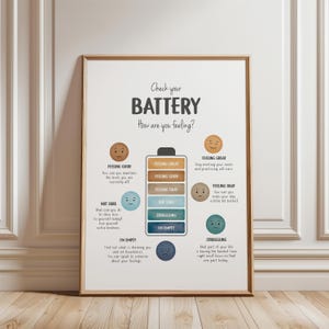 Check Your Battery Feelings Poster, Emotional Regulation Chart for Kids, Mental Health Art, Calm Down Corner Printable, Digital Download image 4