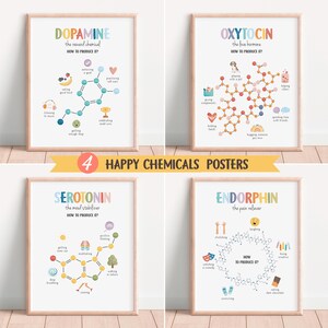 May include: Four colorful posters with illustrations of chemical structures for dopamine, oxytocin, serotonin, and endorphin. Each poster includes a title, a description of the chemical, and a list of activities that can help produce it.