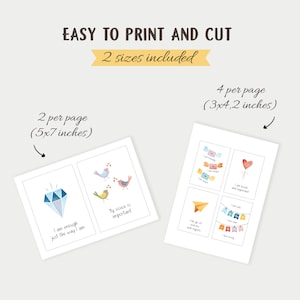 May include: Printable affirmation cards with positive messages and colorful illustrations. The cards are designed to be cut out and used for self-reflection or as a gift. The cards are available in two sizes: 5x7 inches and 3x4.2 inches.