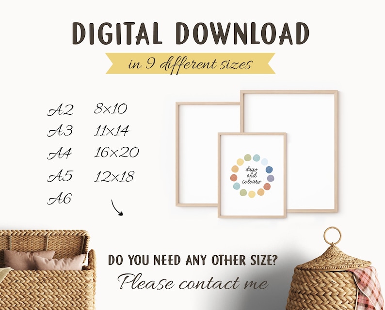 May include: Digital download of a printable art print with the text "days and colours" in a circle of colourful dots. The print is shown in a white frame and is available in 9 different sizes: 8x10, 11x14, 16x20, 12x18, A2, A3, A4, A5, and A6.