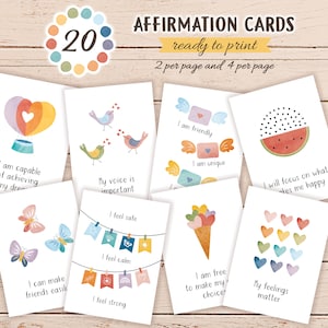 May include: Twenty printable affirmation cards with colorful illustrations and positive messages. The cards feature images of a hot air balloon, birds, a watermelon, ice cream, hearts, and flags. The text on the cards includes phrases like "I am capable of achieving my dreams", "My voice is important", "I feel safe", "I am friendly", "I am unique", "I will focus on what makes me happy", "I can make friends easily", "I feel calm", "I feel strong", "I am free to make my own choices", and "My feelings matter".