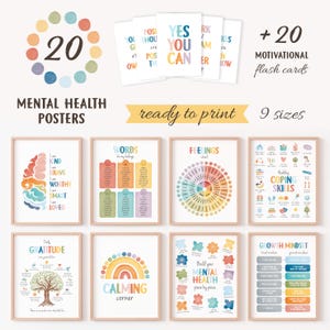 Set di decorazioni per ufficio per terapia, Ruota dei sentimenti, Affermazioni, Poster sulla salute mentale, Consulente scolastico, Tecniche di coping, TCC, Download digitale