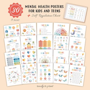 Op de afbeelding: Een verzameling van 30 posters over geestelijke gezondheid voor kinderen en tieners, inclusief een zelfregulatiekaart. De posters bevatten kleurrijke illustraties, diagrammen en tekst over onderwerpen zoals gevoelens, aardingstechnieken en dankbaarheid.