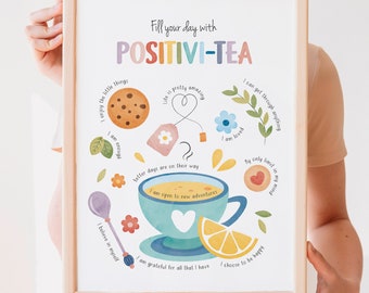 Positivi-tea Positivity, Affirmations Poster, Calming Corner, School Psychology, Therapist Gift Office Decor, CBT, Digital Download