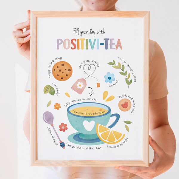 Positivi-tea Positivity, Affirmations Poster, Calming Corner, School Psychology, Therapist Gift Office Decor, CBT, Digital Download