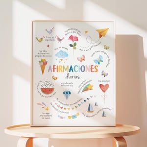May include: A framed print with colorful illustrations and text in Spanish. The artwork features images of birds, flowers, butterflies, and an ice cream cone. The text includes the words "AFIRMACIONES diarias" and other positive affirmations.