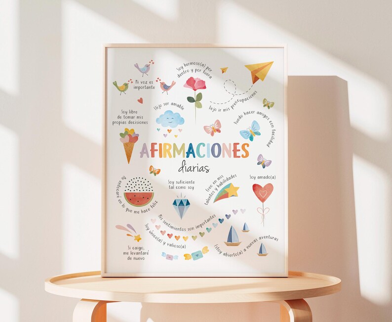 May include: A framed print with colorful illustrations and text in Spanish. The artwork features images of birds, flowers, butterflies, and an ice cream cone. The text includes the words "AFIRMACIONES diarias" and other positive affirmations.
