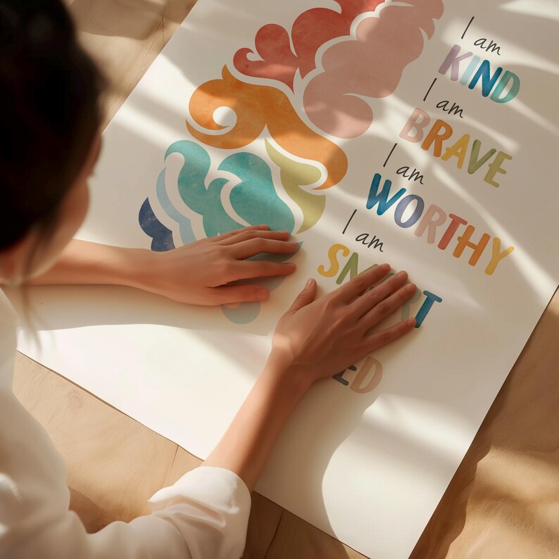 Affirmation Brain Poster, Rainbow Mental Health Art, Counseling Office ...