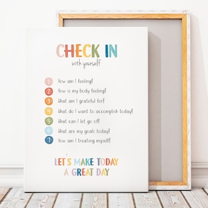 Dagelijkse check-in poster, schooladviseur, mindfulness, zelfzorg, therapie kantoor decor, geestelijke gezondheid poster, digitale download