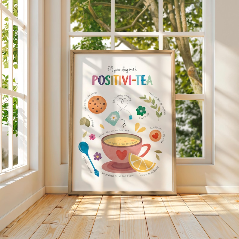 colorful positivity poster for kids room with affirmations and tea theme