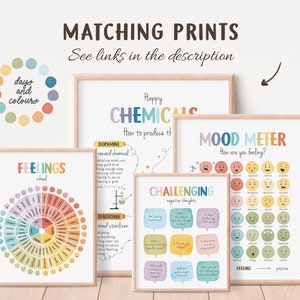 May include: A set of framed art prints with educational themes. The prints feature a feelings wheel, a mood meter, and charts about chemicals and challenging thoughts. The text "Matching Prints" and "See links in the description" are visible.