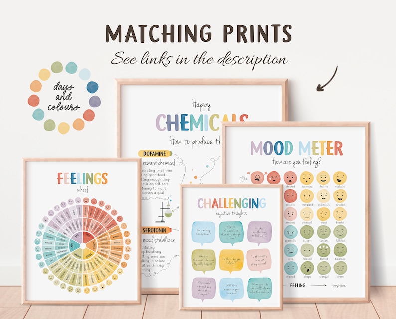 May include: A set of framed art prints with educational themes. The prints feature a feelings wheel, a mood meter, and charts about chemicals and challenging thoughts. The text "Matching Prints" and "See links in the description" are visible.