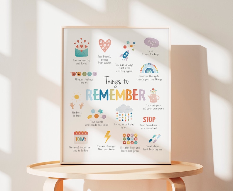 May include: A colorful printable poster with illustrations and text reminding people to be kind to themselves and others. The poster includes phrases like "You are worthy and loved", "Real beauty comes from within", "You can always start over and try again", "Kindness is free", "Your wants and needs are valid", "Having a bad day is ok", "You are stronger than you know", "Mistakes help you learn and grow", "Small steps lead to progress", "You can grow at your own pace", "Stop, your boundaries are important", "It's ok to ask for help", "Positive thoughts create positive things".
