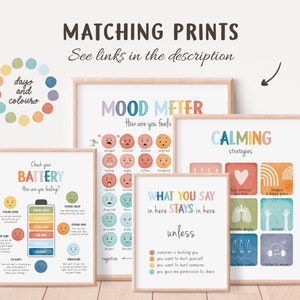 Peut inclure: Ensemble de cinq affiches imprimables avec des illustrations et du texte color&eacute;s. Les affiches sont intitul&eacute;es "Mood Meter", "Check Your Battery", "What You Say in Here Stays in Here", "Calming Strategies", et "Days and Colors".