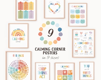 May include: Nine printable posters with calming corner strategies for children. The posters feature colourful illustrations and text, including "Calming Corner", "Words for my feelings", "Heart Breathing", "Challenging Negative Thoughts", "Things to Remember", "Feelings Wheel", "Stop Think Act", "Calming Strategies", and "You Can Do Hard Things".