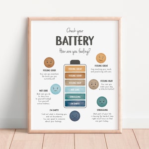 May include: A printable poster with a battery graphic and different facial expressions to help you check your emotional state. The poster includes text that says "Check your BATTERY How are you feeling?" and includes phrases like "Feeling Great", "Feeling Good", "Feeling Okay", "Not Sure", "Struggling", and "I'm Empty".
