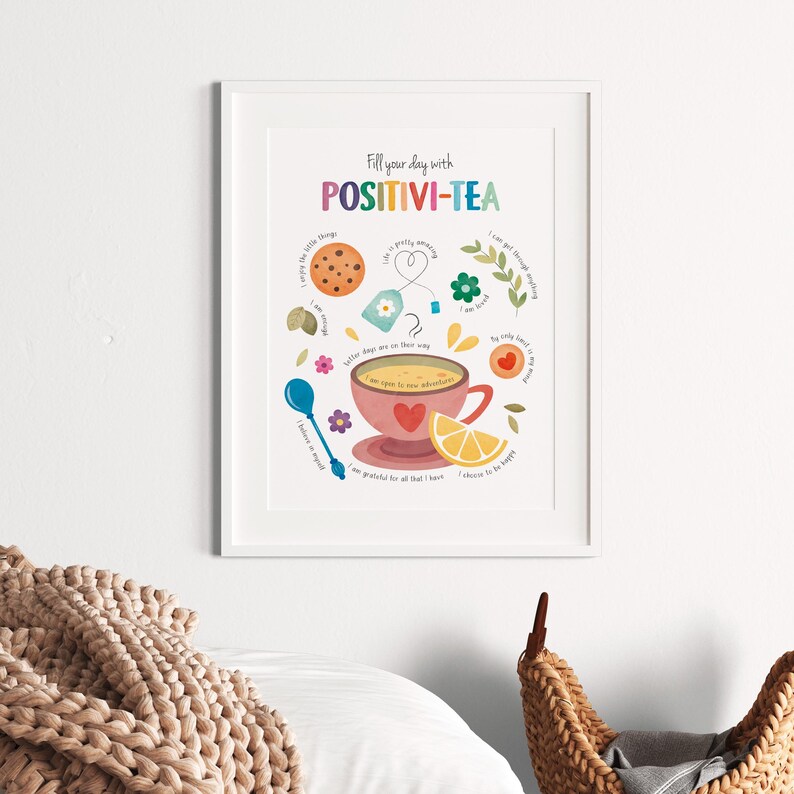 nursery affirmation print with tea cup and uplifting messages