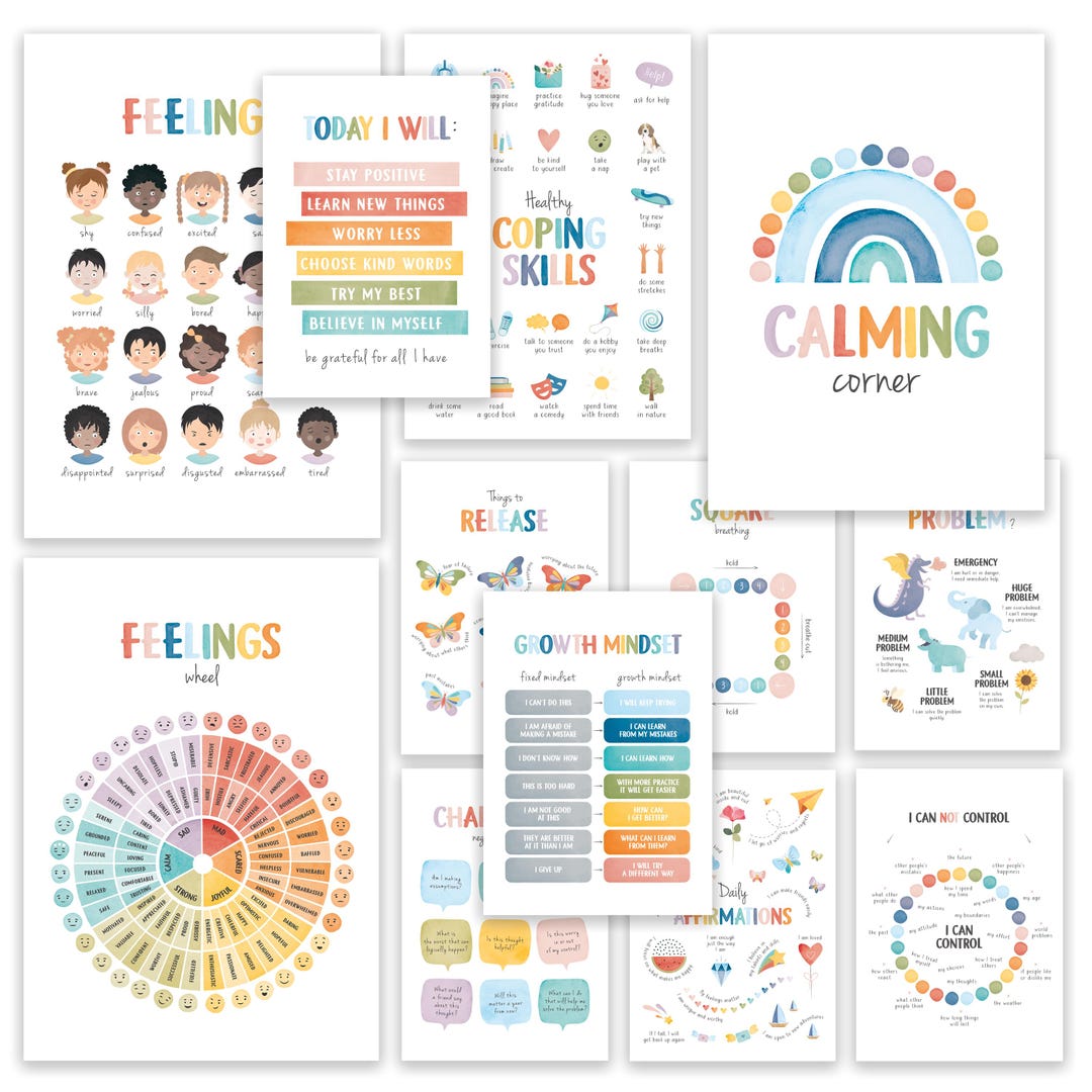 12 Calming Corner Posters for Kids, Feelings Wheel, Social Emotional ...