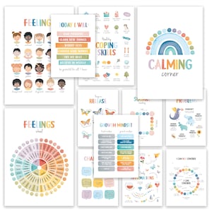 Könnte beinhalten: Eine Sammlung farbenfroher Lehrplakate mit Text und Illustrationen. Die Poster behandeln Themen wie Gefühle, Bewältigungsstrategien und eine Wachstumsmentalität. Die Farbpalette umfasst Pastelltöne und helle Farbtöne.