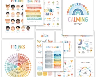 12 Calming Corner Posters for Kids, Feelings Wheel, Social Emotional Learning, Therapy Office Decor, Classroom Decor, Digital Download N55