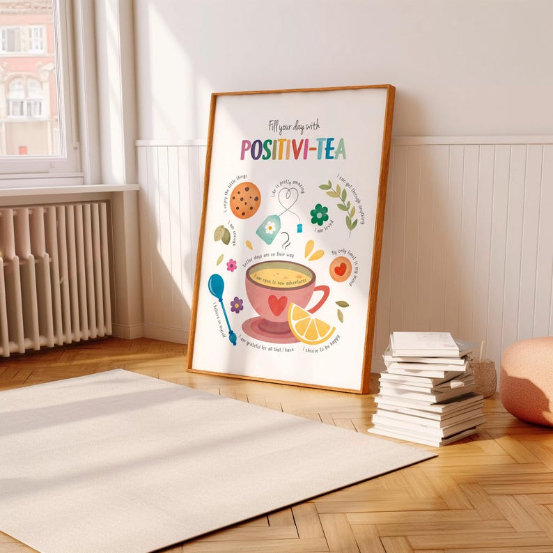 kids affirmation wall art with teacup illustration nursery decor