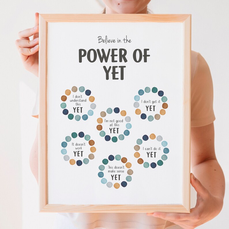 May include: A motivational poster with the text "Believe in the Power of Yet" and six colorful circles with the text "I don't understand this YET", "It doesn't work YET", "I'm not good at this YET", "This doesn't make sense YET", "I don't get it YET", and "I can't do it YET".