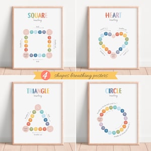 Set of 4 Shapes Breathing Posters, Calming Corner, Box Breathing Poster, Counseling Office Decor, Grounding Technique, Digital Download