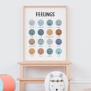 May include: A colorful chart with the word "FEELINGS" at the top and 16 different facial expressions with corresponding words describing emotions, such as "worried", "confused", "excited", "happy", "silly", "sad", "disappointed", "scared", "surprised", "loved", "angry", "proud", "bored", "brave", "jealous", and "tired".
