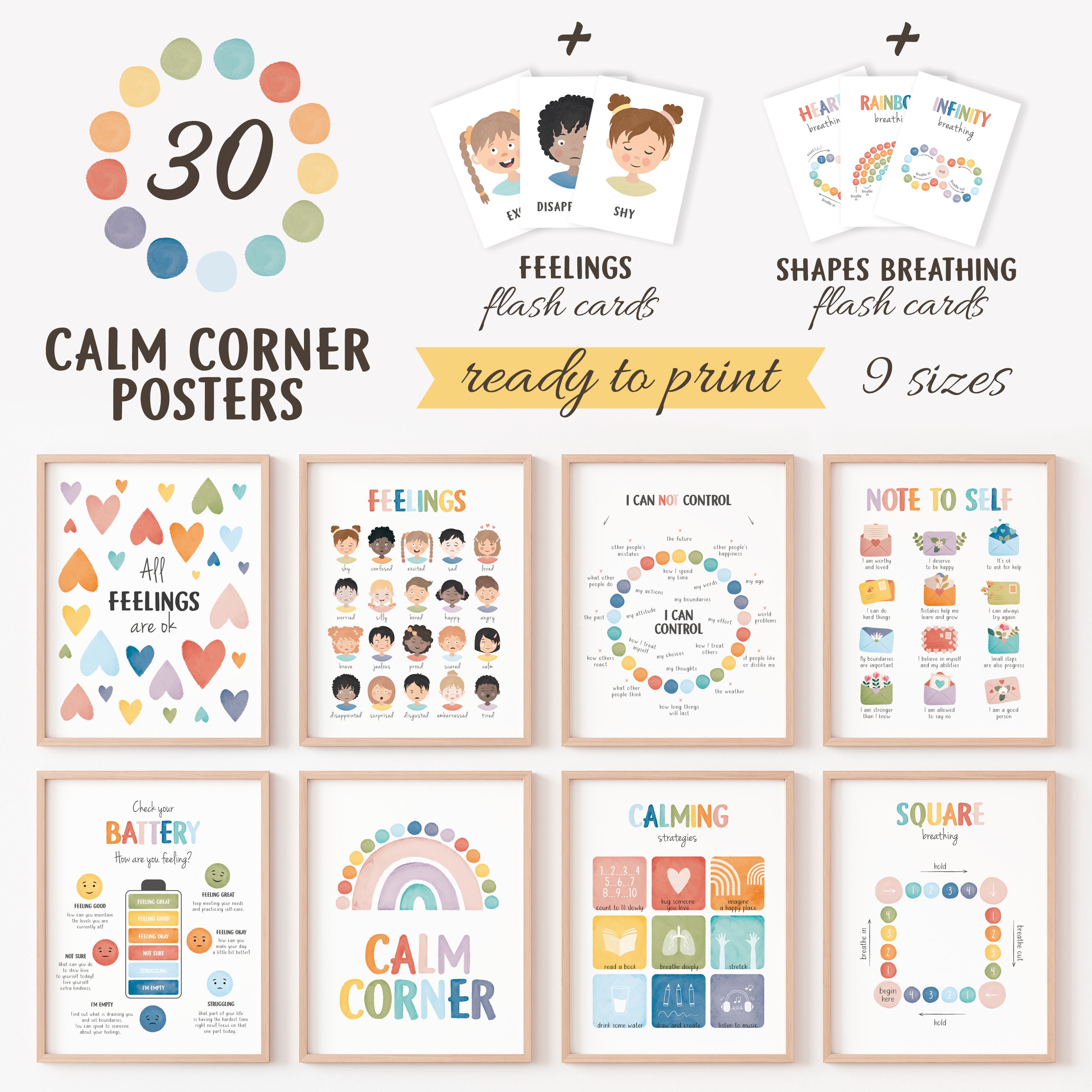 30 Calming Corner Posters, School Counseling, Counselor Office Decor, Mental Health, Calm Down Corner, Feelings Chart, Digital Download