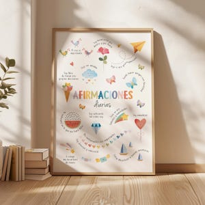 May include: A framed print with the words "AFIRMACIONES diarias" in colorful letters. The print features whimsical illustrations of birds, butterflies, and other cheerful elements, along with positive affirmations in Spanish.
