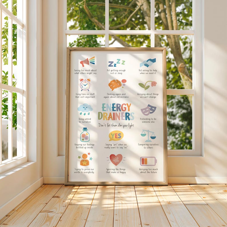 Energy Drainers, Mental Health Poster, Therapy Office Decor, School Psychologist, Calming Corner, School Counselor, Digital Download