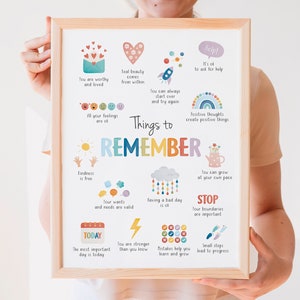May include: A colorful printable poster with the words "Things to Remember" in a rainbow font. The poster features illustrations of hearts, clouds, rainbows, and other positive imagery. The text on the poster includes phrases like "You are worthy and loved", "Kindness is free", and "Mistakes help you learn and grow".