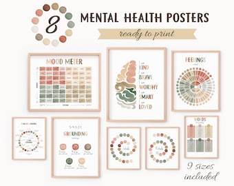 Könnte beinhalten: Acht druckbare Poster zur psychischen Gesundheit mit Aquarelldesign in Grün-, Braun- und Rosatönen. Die Poster zeigen Sätze wie "Mood Meter", "Grounding Techniques", "Feelings Wheel" und "Words for My Feelings".