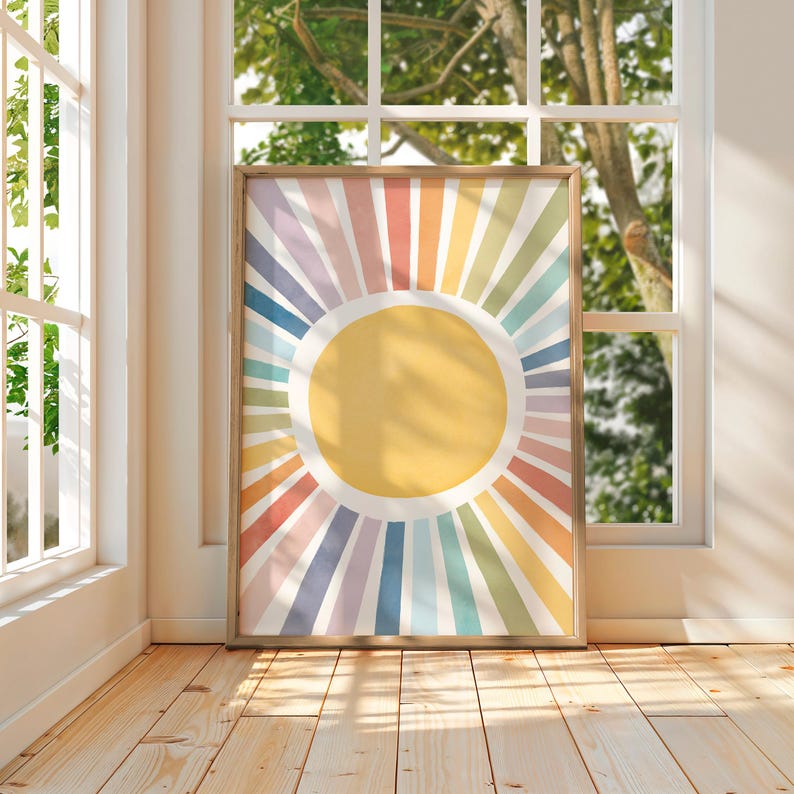 Sun Playroom Poster, Watercolor Nursery Sun Print, Rainbow Sun Wall Art, Girls Room Decor, Sun Playroom Decor